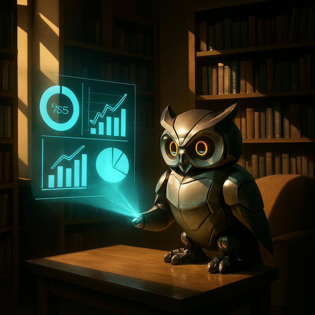 An owl in a dimly lit library, illuminated by a holographic projection displaying line graphs and information.