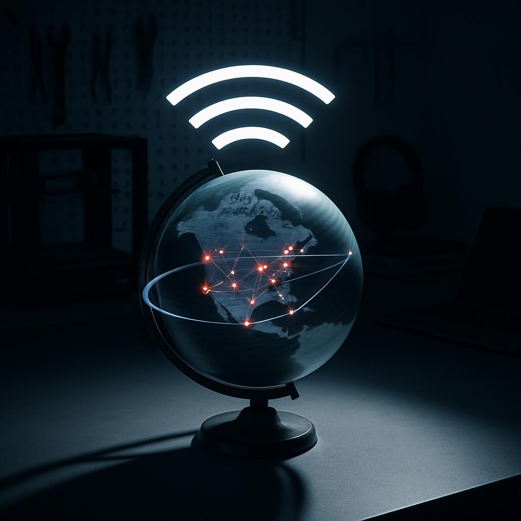 Image of a black and white globe lit up by a wireless signal symbol above it.